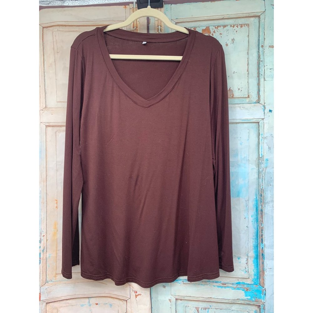 Amoretu Womans Long Sleeve V Neck Plain T Shirt, Borwn